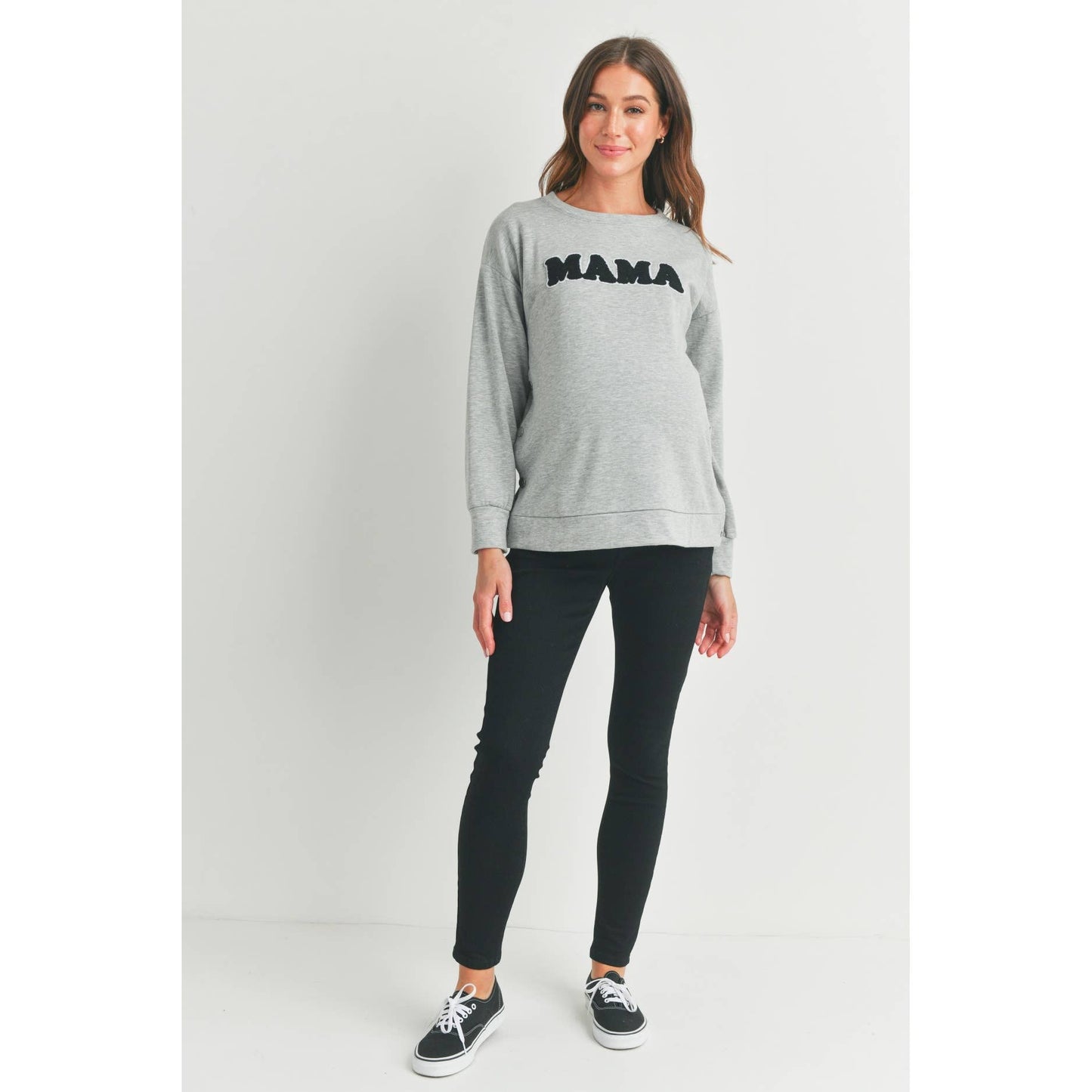Crewneck Maternity/ Nursing Sweatshirt with Mama Patch: Heather Grey
