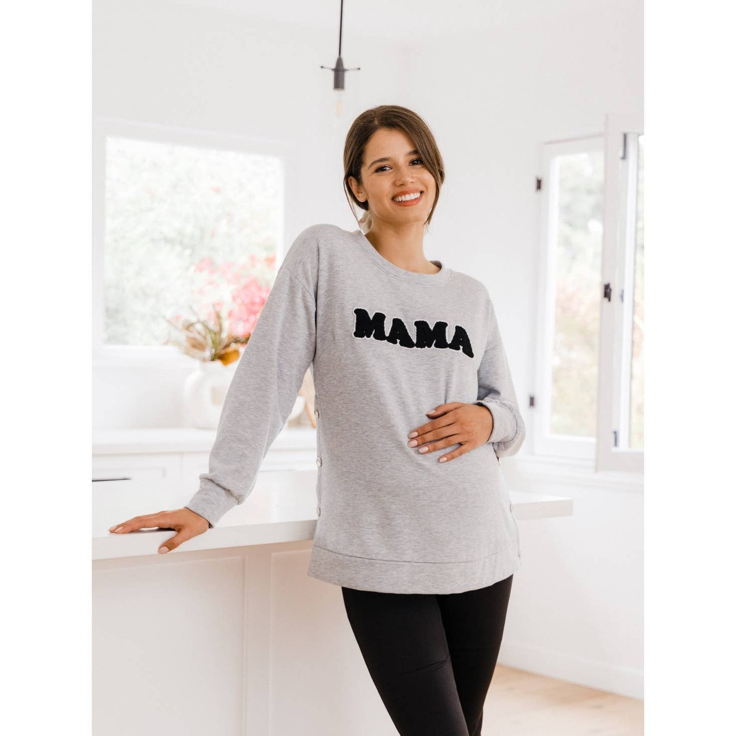 Crewneck Maternity/ Nursing Sweatshirt with Mama Patch: Heather Grey