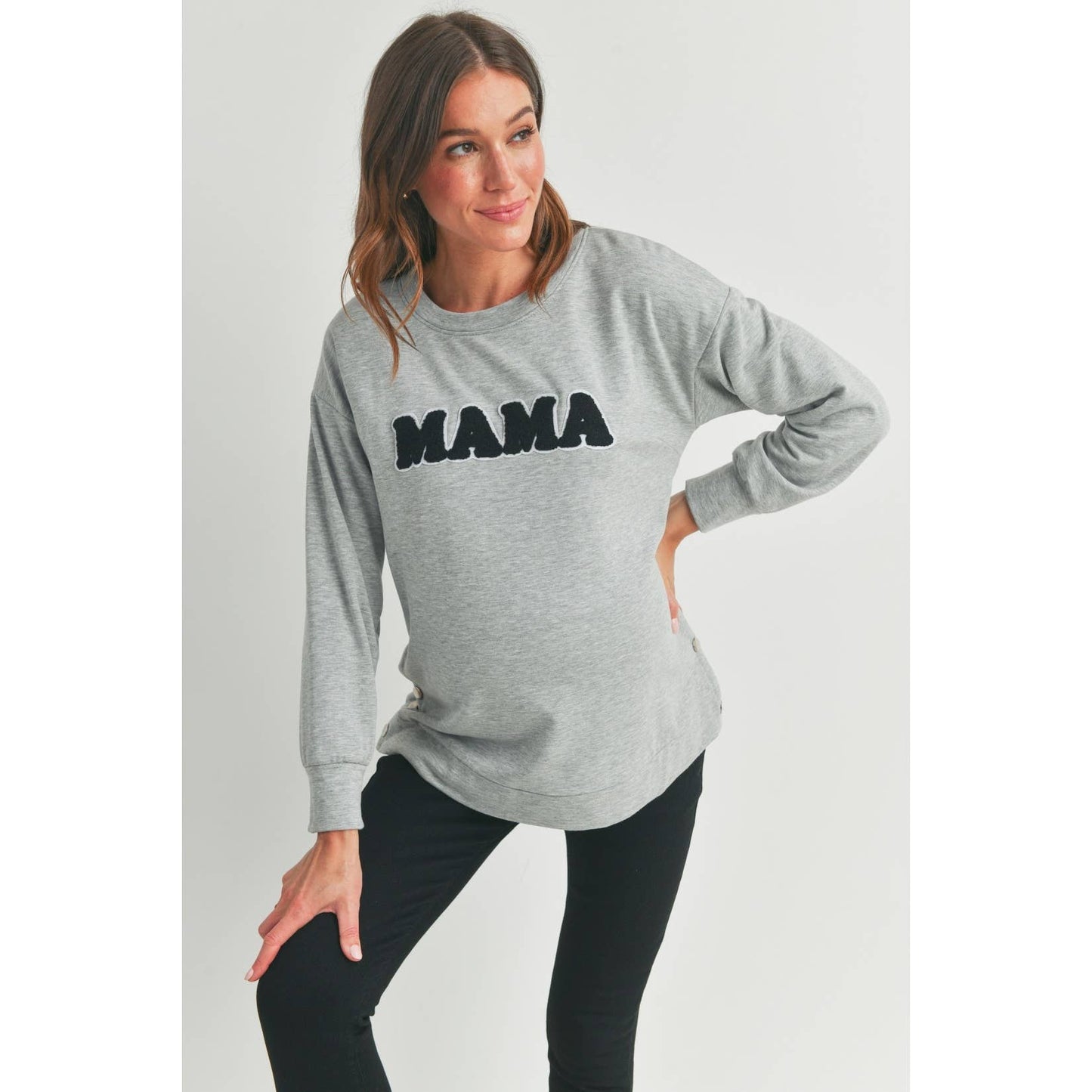 Crewneck Maternity/ Nursing Sweatshirt with Mama Patch: Heather Grey