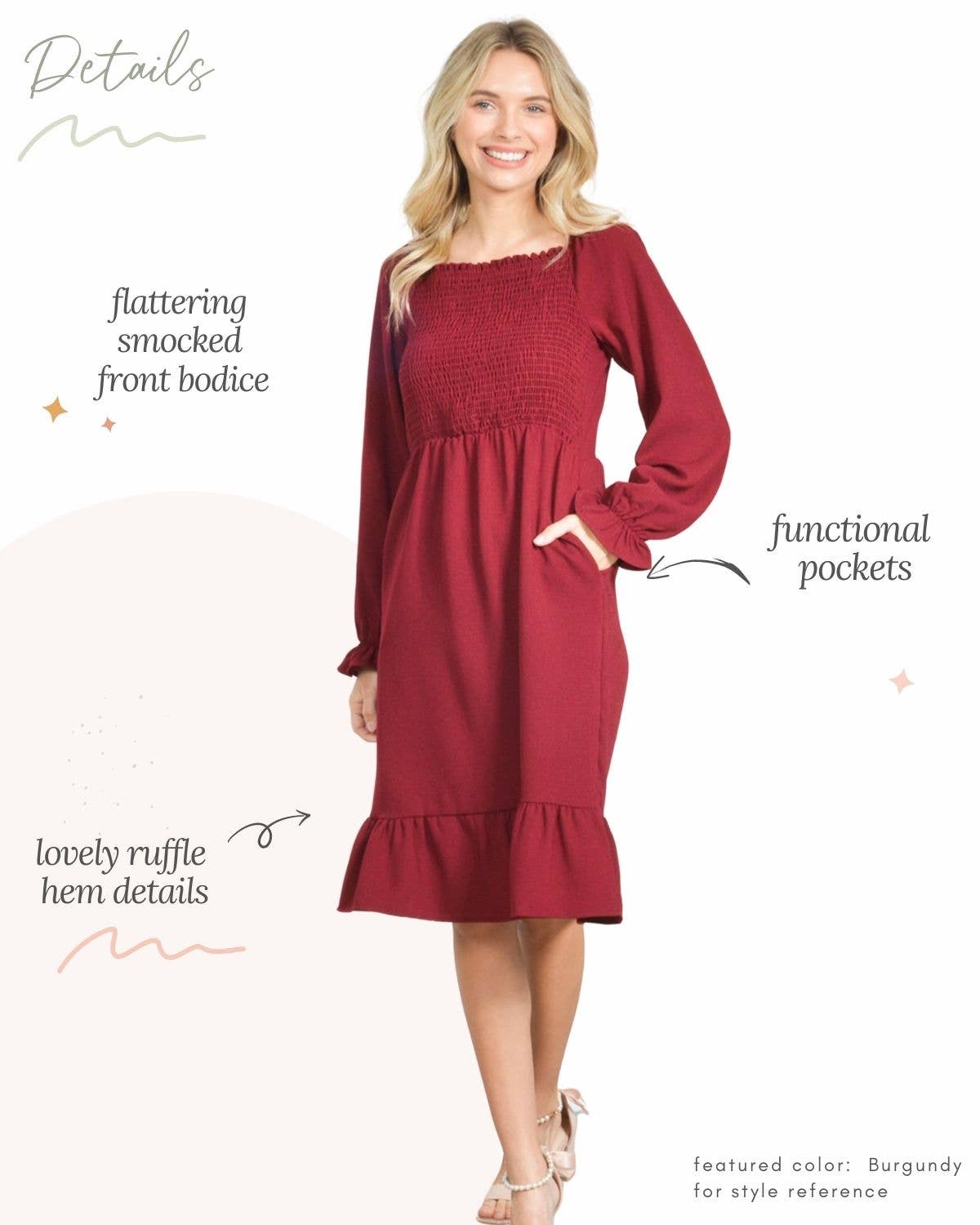 ✦Mommy & Me✦  Smocked Dress Long Sleeve Ruffle Hem Smocking Crepe Midi