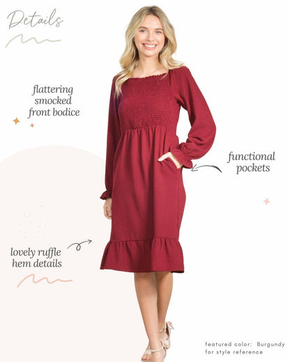 ✦Mommy & Me✦  Smocked Dress Long Sleeve Ruffle Hem Smocking Crepe Midi