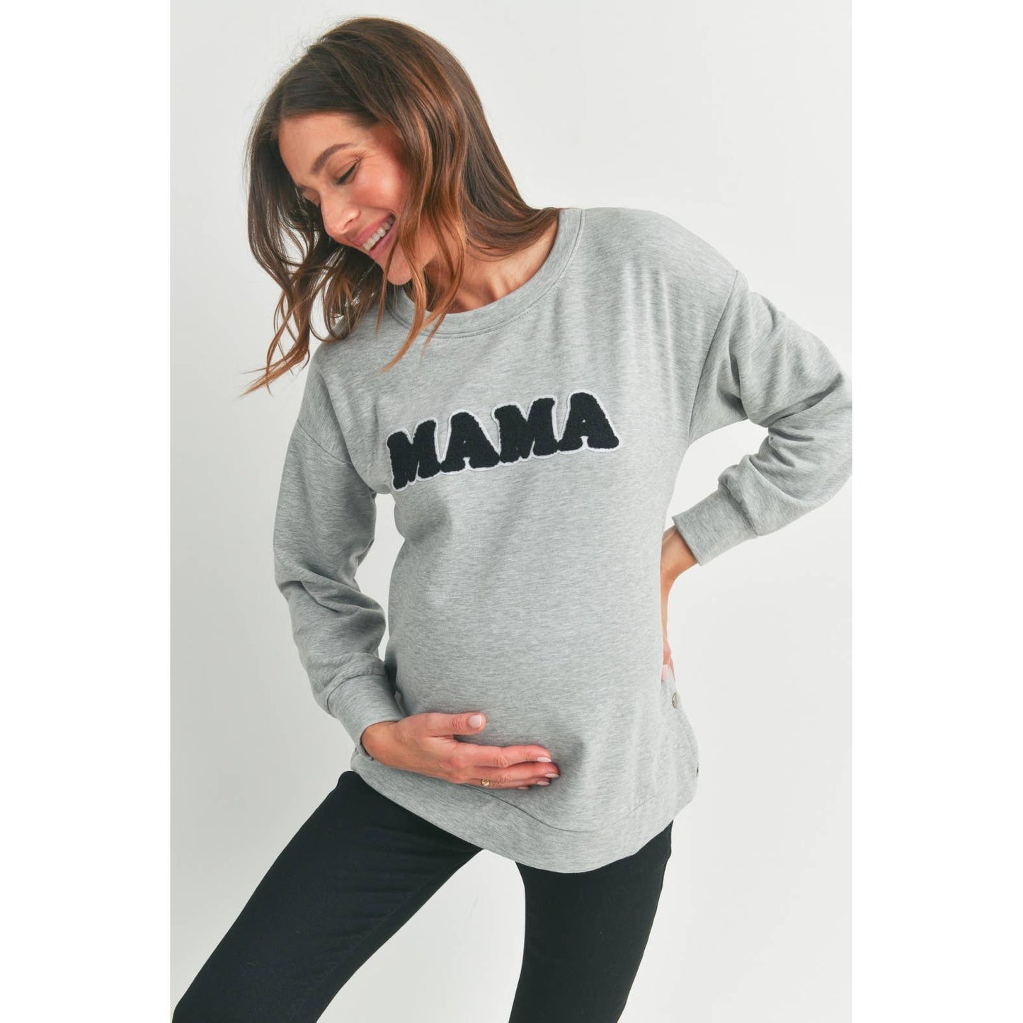 Crewneck Maternity/ Nursing Sweatshirt with Mama Patch: Heather Grey