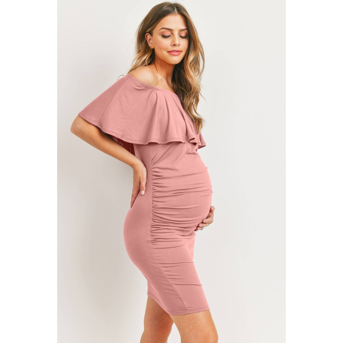 Mini Ruffle Off Shoulder Ruched Maternity Dress