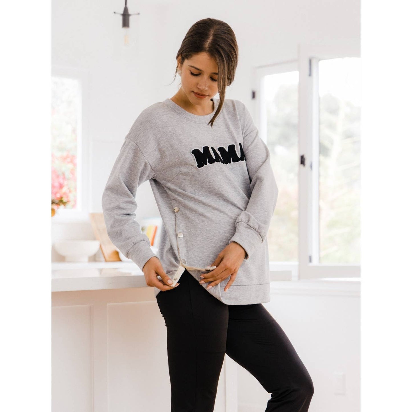 Crewneck Maternity/ Nursing Sweatshirt with Mama Patch: Heather Grey