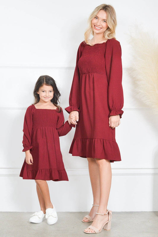 ✦Mommy & Me✦  Smocked Dress Long Sleeve Ruffle Hem Smocking Crepe Midi