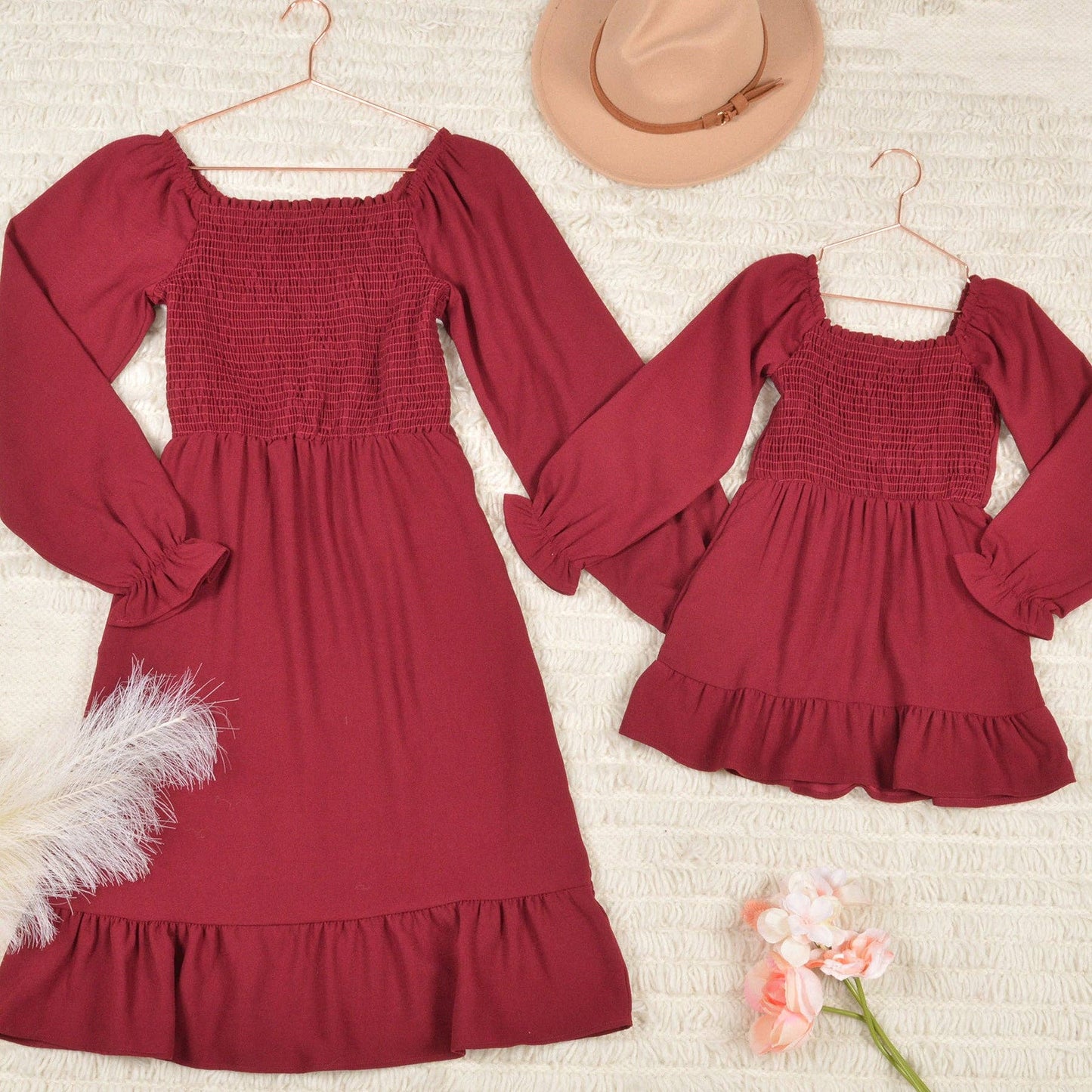 ✦Mommy & Me✦  Smocked Dress Long Sleeve Ruffle Hem Smocking Crepe Midi