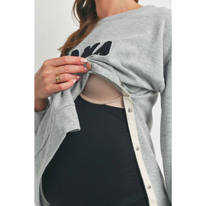Crewneck Maternity/ Nursing Sweatshirt with Mama Patch: Heather Grey