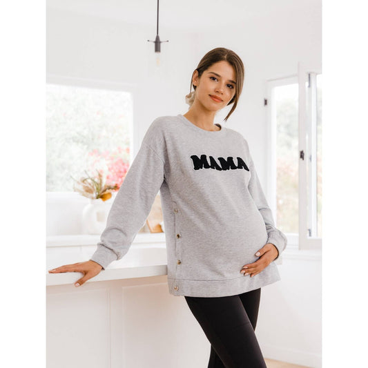 Crewneck Maternity/ Nursing Sweatshirt with Mama Patch: Heather Grey