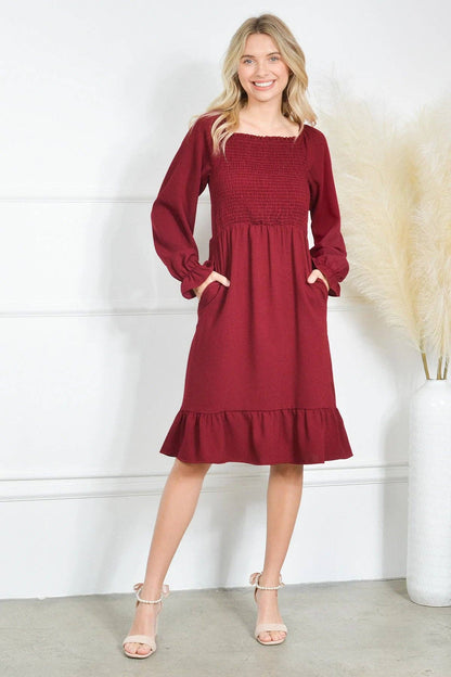 ✦Mommy & Me✦  Smocked Dress Long Sleeve Ruffle Hem Smocking Crepe Midi